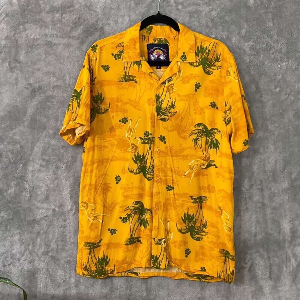 Good Vibes Men's Floral Hula Girl Hawaii camp Shirt Size L Yellow